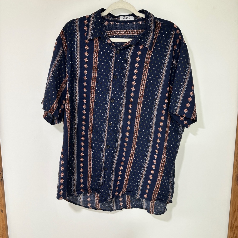 Vatpove Button Down Shirt Men XL Navy Blue Cotton Blend Tribal Print Boho Casual